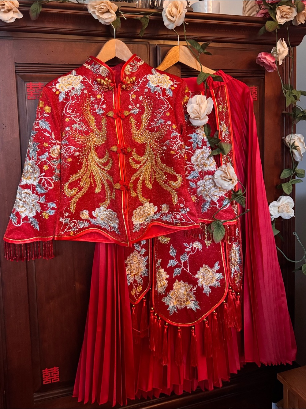 Embroidered Red Women's Cape Jacket with Gold Phoenix Qun Kwa / QunGua Set